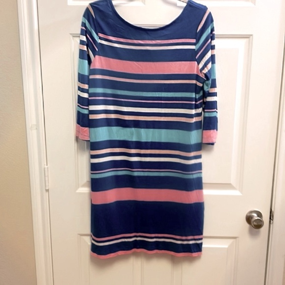 Bossini Striped Pullover Shift Dress w/Elbow Length Sleeves & Scoop Neck Size XL